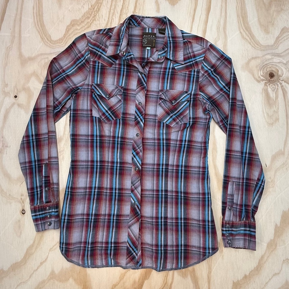 Roper Womens Plaid Western Pearl Snap Shirt Red Blue Grey Long Sleeve Small